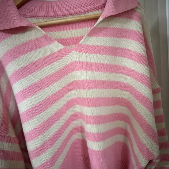 [BUNJANG] Stripe Collar Knit Pink / [새상품] 반크롭 스트라이프 카라 니트 핑크