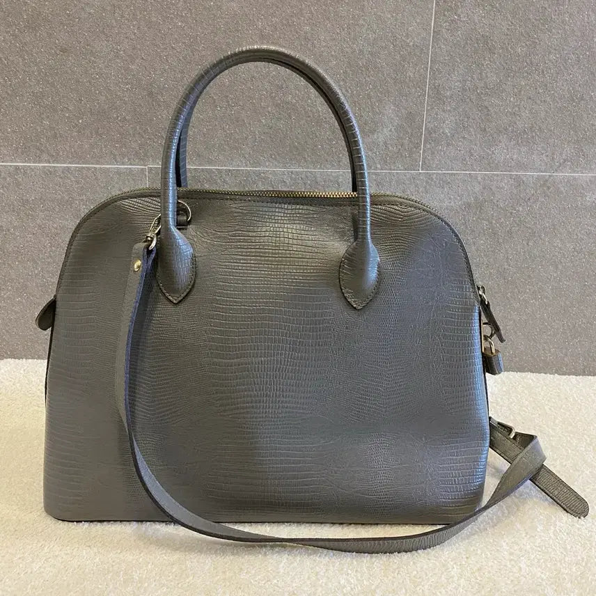[BUNJANG] Crocodile Leather Grey Dome Handbag with Shoulder Strap / 악어가죽 그레이 돔형 핸드백 (숄더 스트랩 포함)