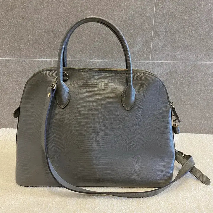 [BUNJANG] Crocodile Leather Grey Dome Handbag with Shoulder Strap / 악어가죽 그레이 돔형 핸드백 (숄더 스트랩 포함)