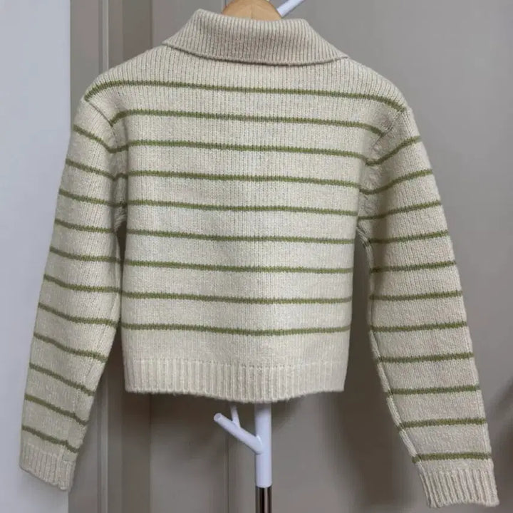 [BUNJANG] Green Striped Knit Cardigan / [새상품] 연두색 스트라이프 니트 가디건