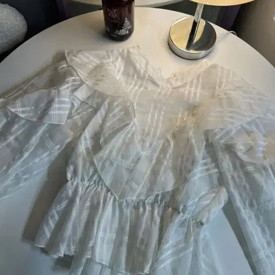 [BUNJANG] White Sheer Ruffle Blouse / 화이트 시스루 블라우스 프릴 셔링