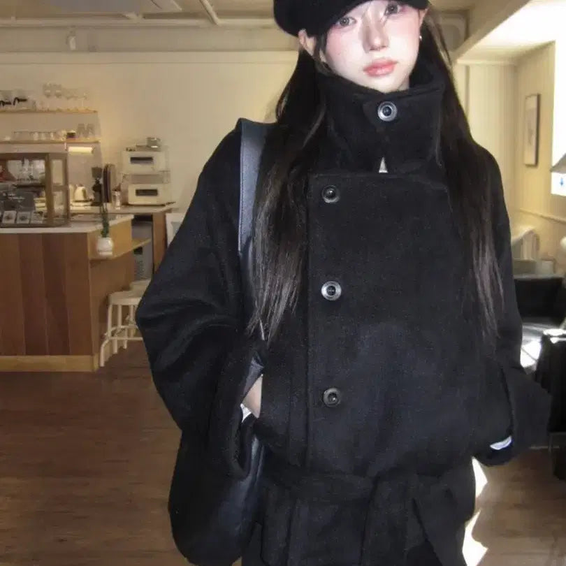 [BUNJANG] Modimood Paris Half Ribbon Double Coat - Black / 모디무드 Paris 하프 리본 더블 코트 블랙