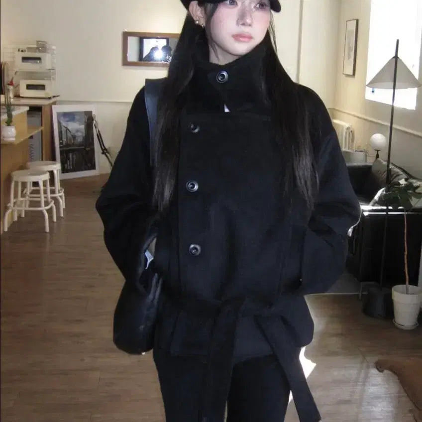 [BUNJANG] Modimood Paris Half Ribbon Double Coat - Black / 모디무드 Paris 하프 리본 더블 코트 블랙