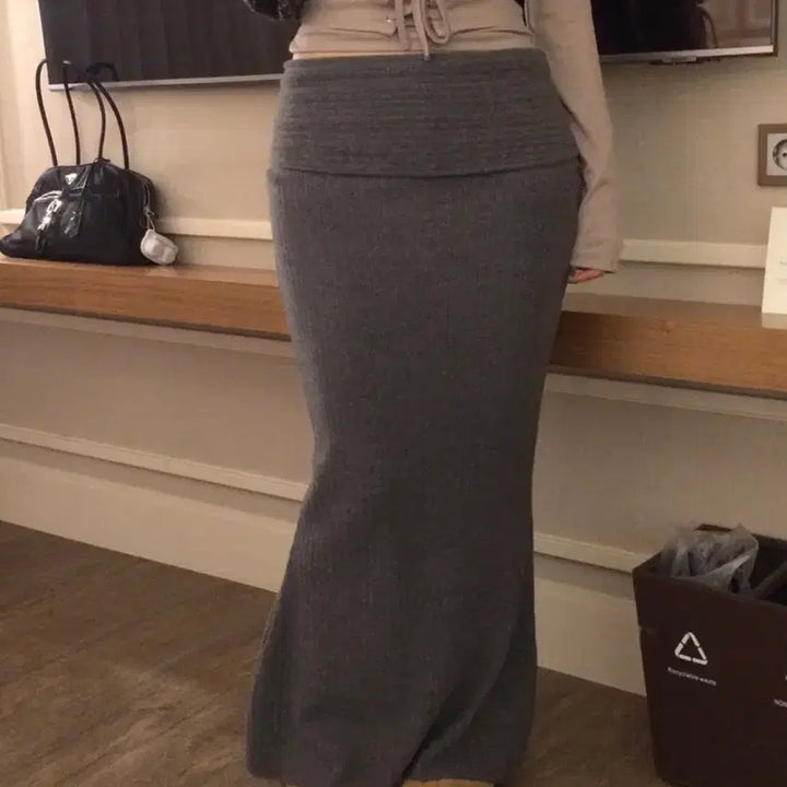 [BUNJANG] Hypnotic Drago Knit Folding Long Skirt - Charcoal / 히프나틱 드라고 니트 폴딩 롱스커트 - 차콜