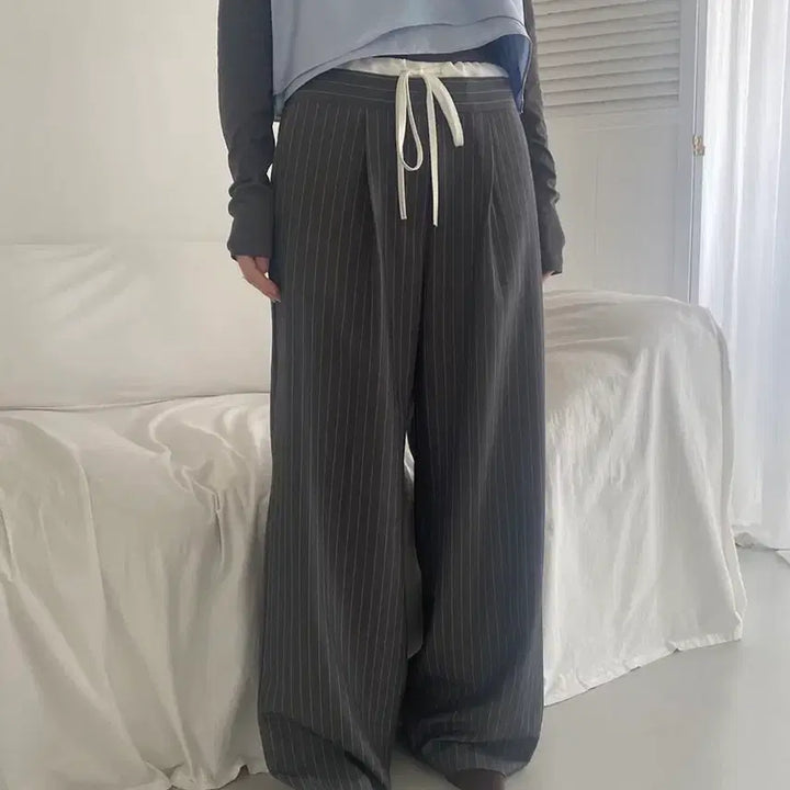 [BUNJANG] Miinne Striped Double Slacks - Gray / 미엔느 스트라이프 더블 슬랙스 - 그레이