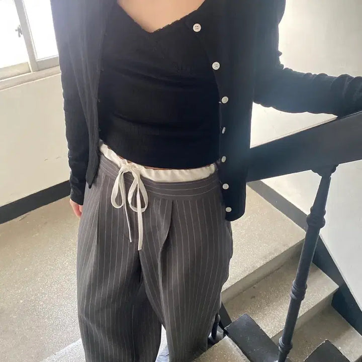 [BUNJANG] Miinne Striped Double Slacks - Gray / 미엔느 스트라이프 더블 슬랙스 - 그레이