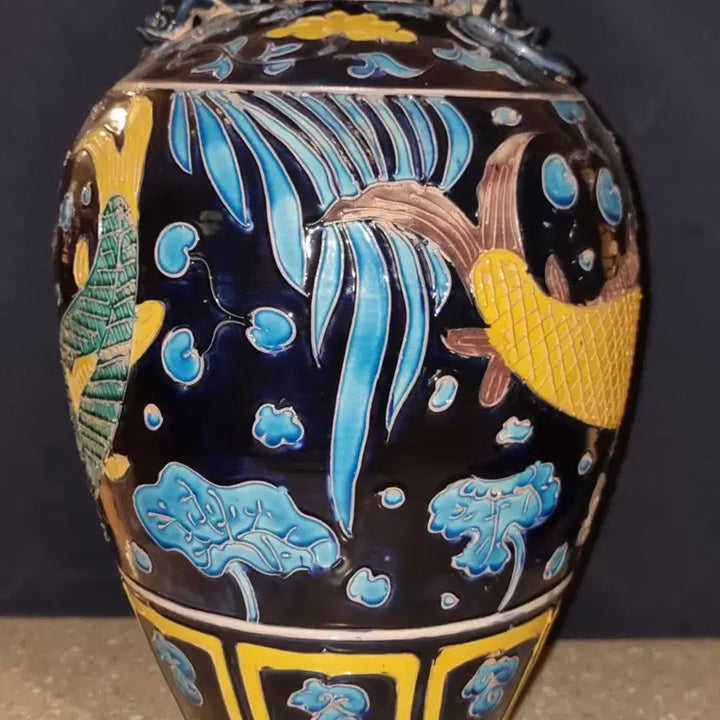 [BUNJANG] Chinese Black Glazed Vase with Fish Motif, H33cm D22cm / 고도자 흑유 법화채 담수 초어문 항 높33 지22 중국도자기 오래된골통품