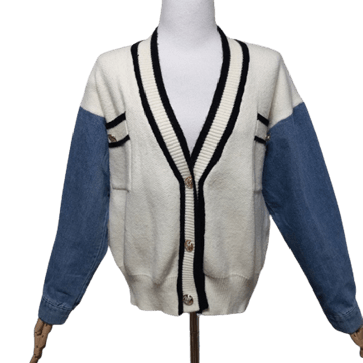 [BUNJANG] Coiniz Denim-Accented Balloon V-Neck Knit Cardigan / 코인코즈 정품 데님배색 벌룬 여성 봄춘추동용 브이넥 니트가디건 프리