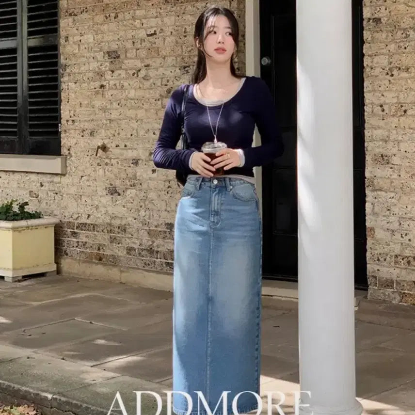 [BUNJANG] Edmore MSK526 Teni Washing Denim Skirt Long M Medium Blue / 에드모어 msk526 테니 워싱 데님스커트 중청 롱M 새상품