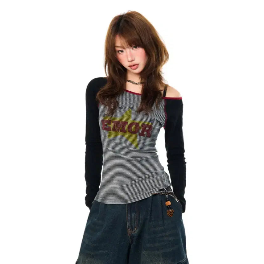 [BUNJANG] YOUNG STAGE Striped Off-Shoulder Slim Fit Long Sleeve T-Shirt / YOUNG STAGE 티셔츠 슬림핏 오프숄더 스트라이프 긴팔 티셔츠
