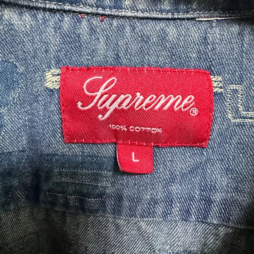 [BUNJANG] Supreme Dimensions Logo Denim Shirt Blue L / 19FW 슈프림 디멘션스 로고 데님 셔츠 블루 L