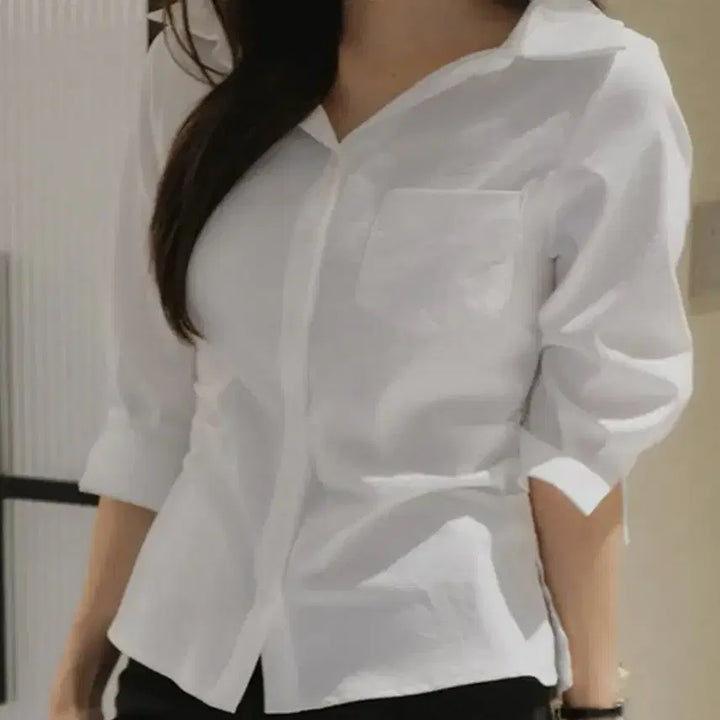 [BUNJANG] Open Collar Shirring 7-Sleeve Blouse Shirt / 오픈카라 셔링 7부 셔츠 블라우스