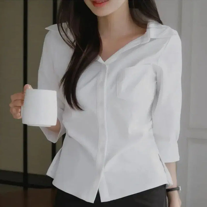 [BUNJANG] Open Collar Shirring 7-Sleeve Blouse Shirt / 오픈카라 셔링 7부 셔츠 블라우스