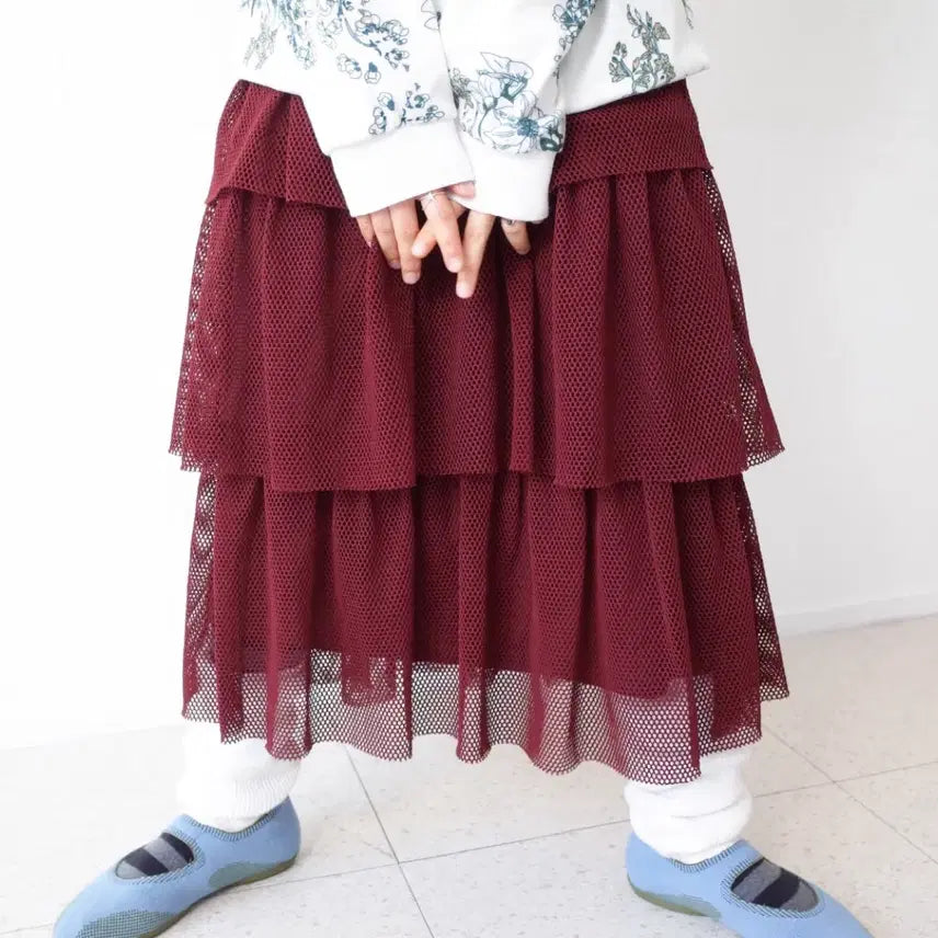 [BUNJANG] Burgundy Net Ruffle Skirt / 버건디 네트 캉캉 스커트