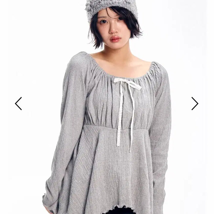 [BUNJANG] Unbalanced Pleated Ribbon T-shirt - Gray / 주름 리본 언발란스 티셔츠 _그레이
