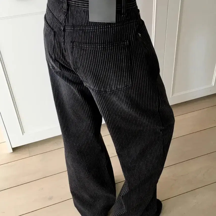 [BUNJANG] Wonder Wonder Kilo Black Stripe Long Wide Denim Pants S / 원더원더 킬로 블랙 스트라이프 롱 와이드 데님 팬츠 S