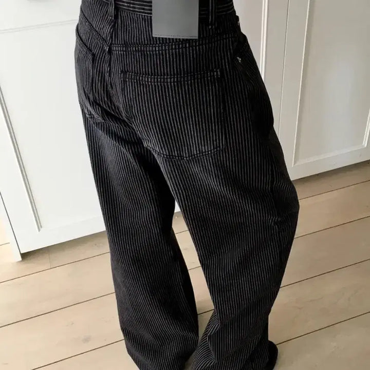 [BUNJANG] Wonder Wonder Kilo Black Stripe Long Wide Denim Pants S / 원더원더 킬로 블랙 스트라이프 롱 와이드 데님 팬츠 S