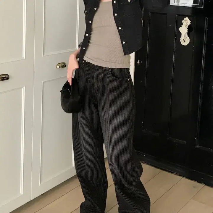 [BUNJANG] Wonder Wonder Kilo Black Stripe Long Wide Denim Pants S / 원더원더 킬로 블랙 스트라이프 롱 와이드 데님 팬츠 S