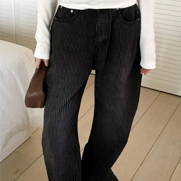 [BUNJANG] Wonder Wonder Kilo Black Stripe Long Wide Denim Pants S / 원더원더 킬로 블랙 스트라이프 롱 와이드 데님 팬츠 S