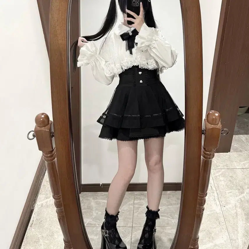 [BUNJANG] Subculture Lace Cape Shirt and Skirt Set / 지뢰계 서브컬처  레이스 케이프 셔츠+치마 세트(3컬러)