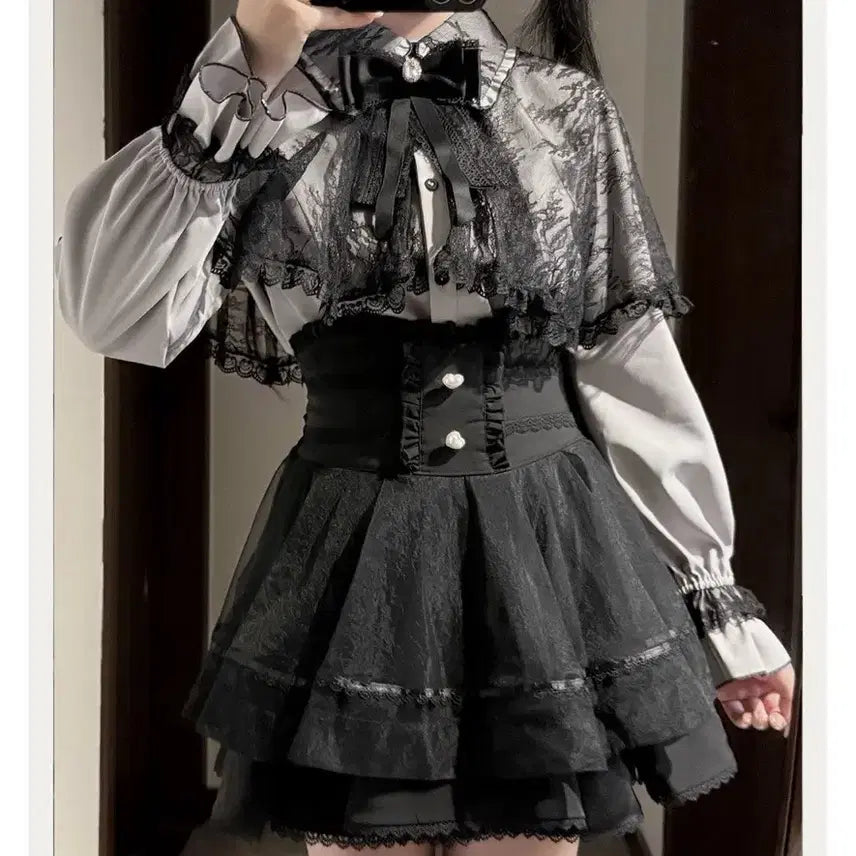 [BUNJANG] Subculture Lace Cape Shirt and Skirt Set / 지뢰계 서브컬처  레이스 케이프 셔츠+치마 세트(3컬러)