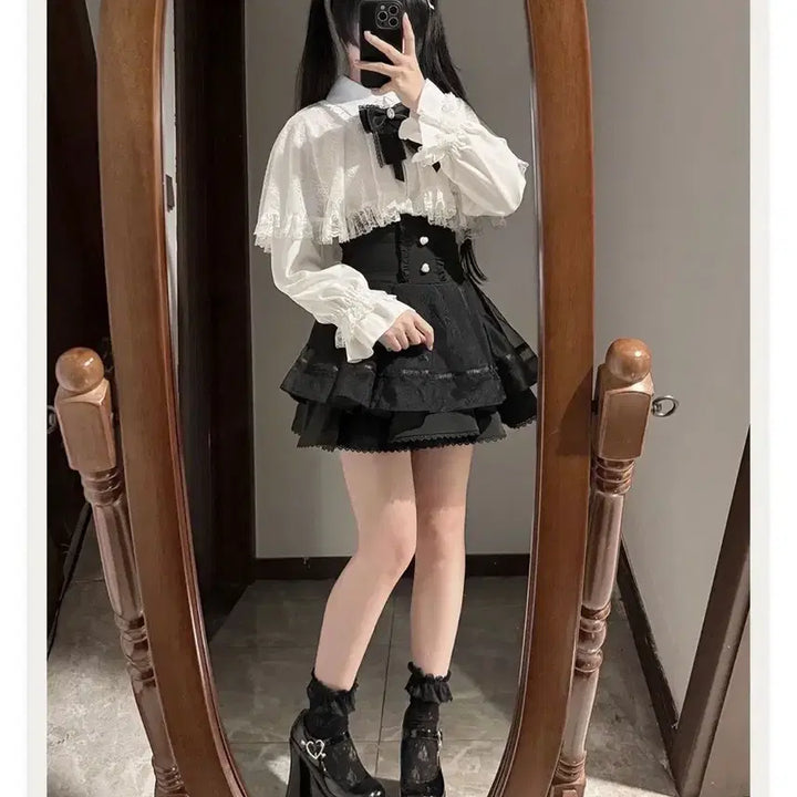 [BUNJANG] Subculture Lace Cape Shirt and Skirt Set / 지뢰계 서브컬처  레이스 케이프 셔츠+치마 세트(3컬러)