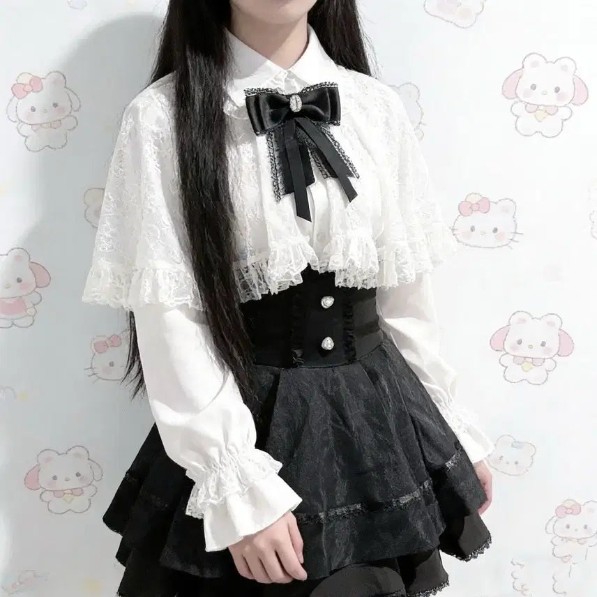 [BUNJANG] Subculture Lace Cape Shirt and Skirt Set / 지뢰계 서브컬처  레이스 케이프 셔츠+치마 세트(3컬러)