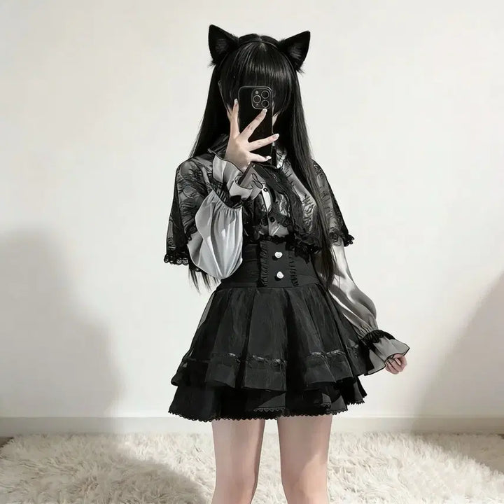 [BUNJANG] Subculture Lace Cape Shirt and Skirt Set / 지뢰계 서브컬처  레이스 케이프 셔츠+치마 세트(3컬러)