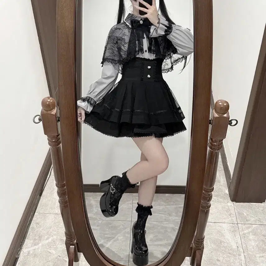 [BUNJANG] Subculture Lace Cape Shirt and Skirt Set / 지뢰계 서브컬처  레이스 케이프 셔츠+치마 세트(3컬러)