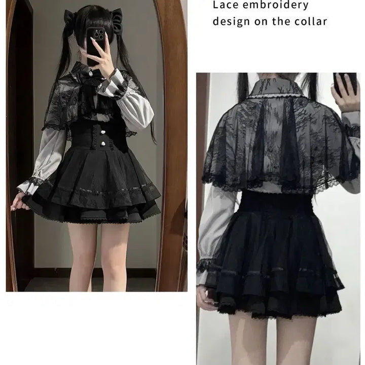 [BUNJANG] Subculture Lace Cape Shirt and Skirt Set / 지뢰계 서브컬처  레이스 케이프 셔츠+치마 세트(3컬러)