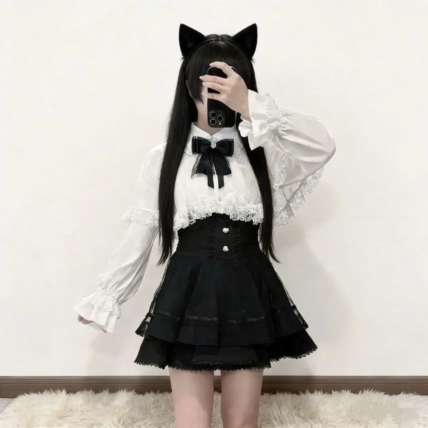 [BUNJANG] Subculture Lace Cape Shirt and Skirt Set / 지뢰계 서브컬처  레이스 케이프 셔츠+치마 세트(3컬러)