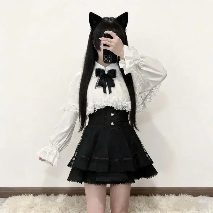 [BUNJANG] Subculture Lace Cape Shirt and Skirt Set / 지뢰계 서브컬처  레이스 케이프 셔츠+치마 세트(3컬러)