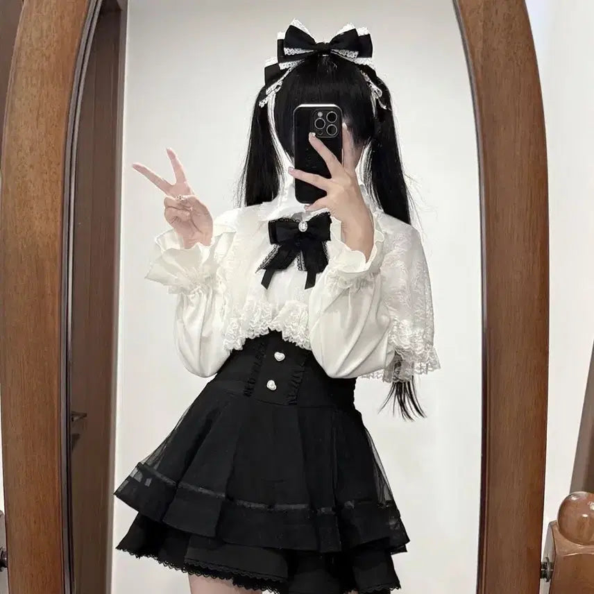 [BUNJANG] Subculture Lace Cape Shirt and Skirt Set / 지뢰계 서브컬처  레이스 케이프 셔츠+치마 세트(3컬러)