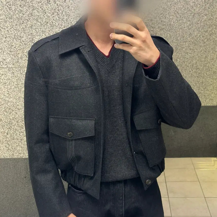 [BUNJANG] Waviness Epaulet Crop Blouson - Melange Charcoal / 웨이비니스 Epaulet Crop Blouson - 멜란지 차콜
