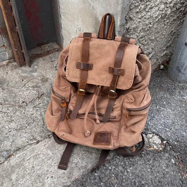 [BUNJANG] Vintage Leather Detail Canvas Backpack / 빈티지 레더 디테일 캔버스 백팩