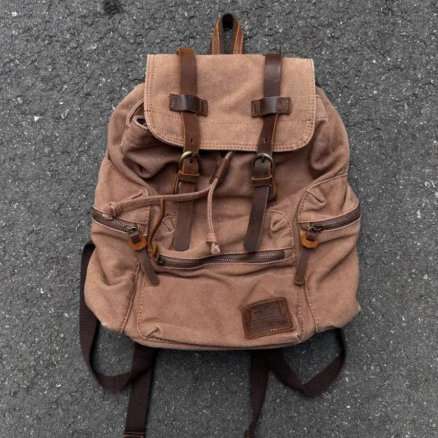 [BUNJANG] Vintage Leather Detail Canvas Backpack / 빈티지 레더 디테일 캔버스 백팩