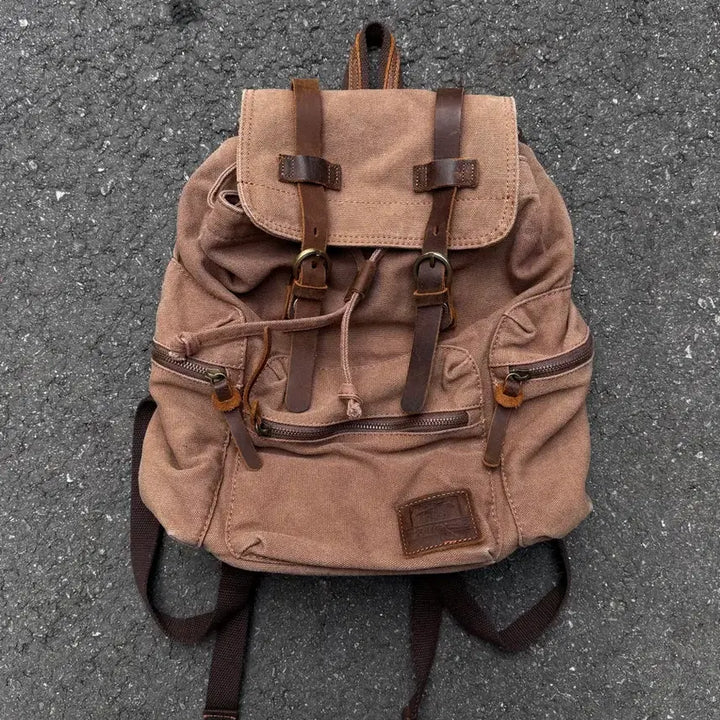 [BUNJANG] Vintage Leather Detail Canvas Backpack / 빈티지 레더 디테일 캔버스 백팩
