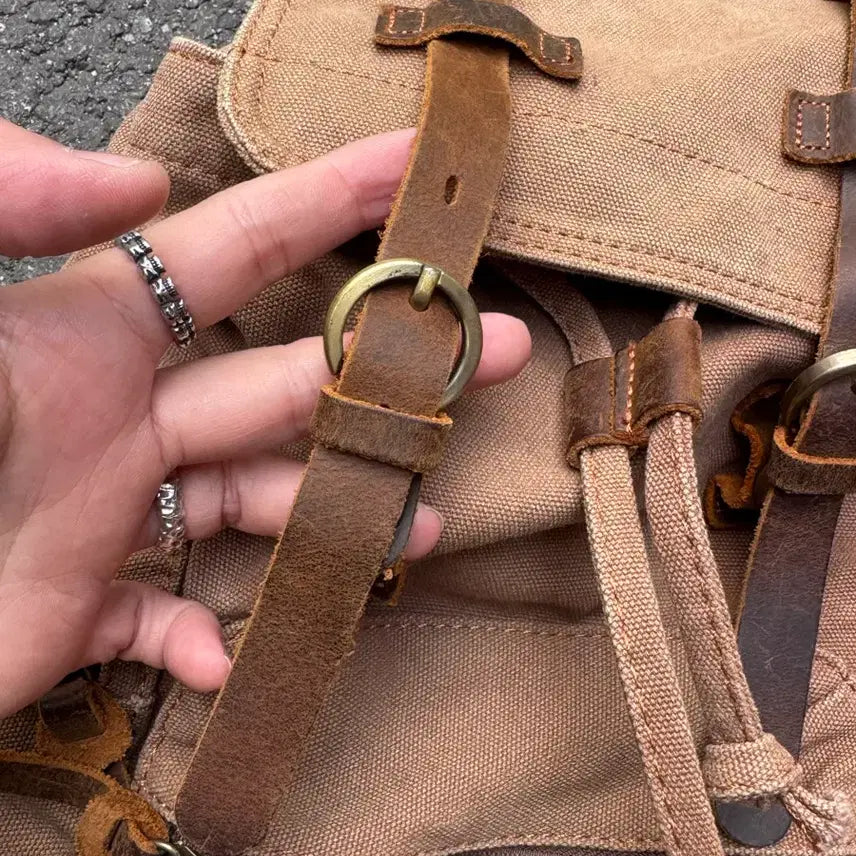 [BUNJANG] Vintage Leather Detail Canvas Backpack / 빈티지 레더 디테일 캔버스 백팩