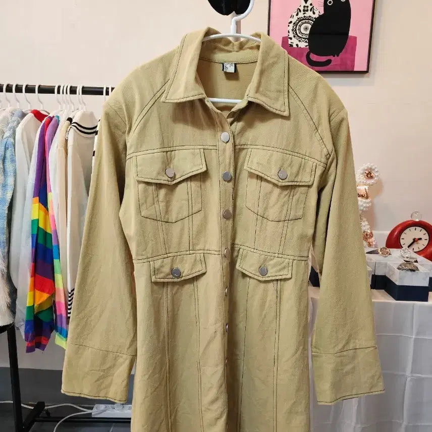 [SOLD OUT] 카키색 포켓 롱 셔츠 원피스