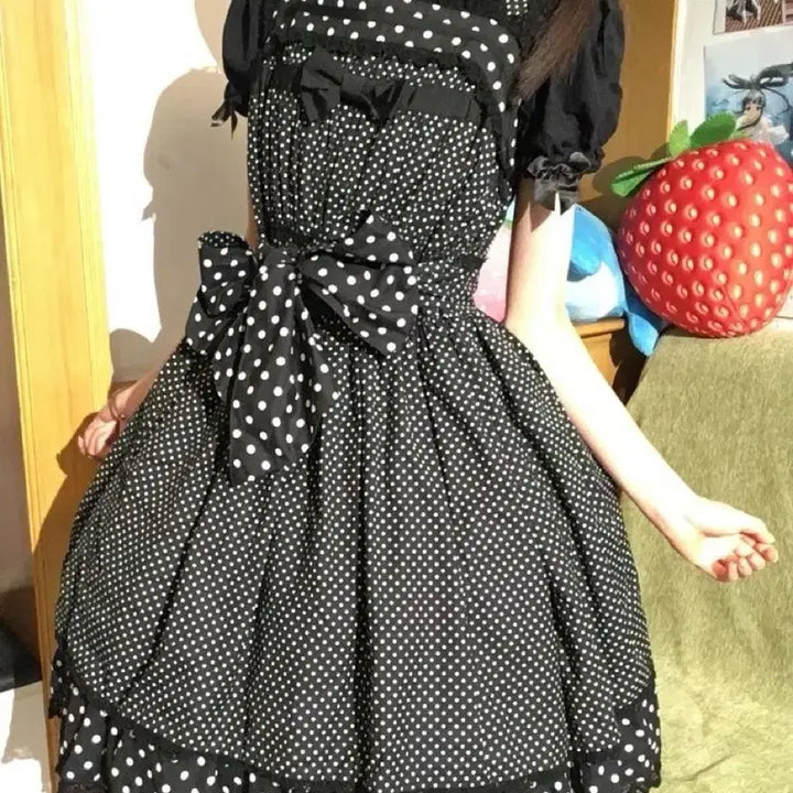 [BUNJANG] Black Dot Lace Lolita Dress Set / 블랙 도트 레이스 Lolita 로리타 상의+원피스 세트