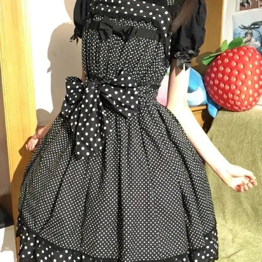 [BUNJANG] Black Dot Lace Lolita Dress Set / 블랙 도트 레이스 Lolita 로리타 상의+원피스 세트