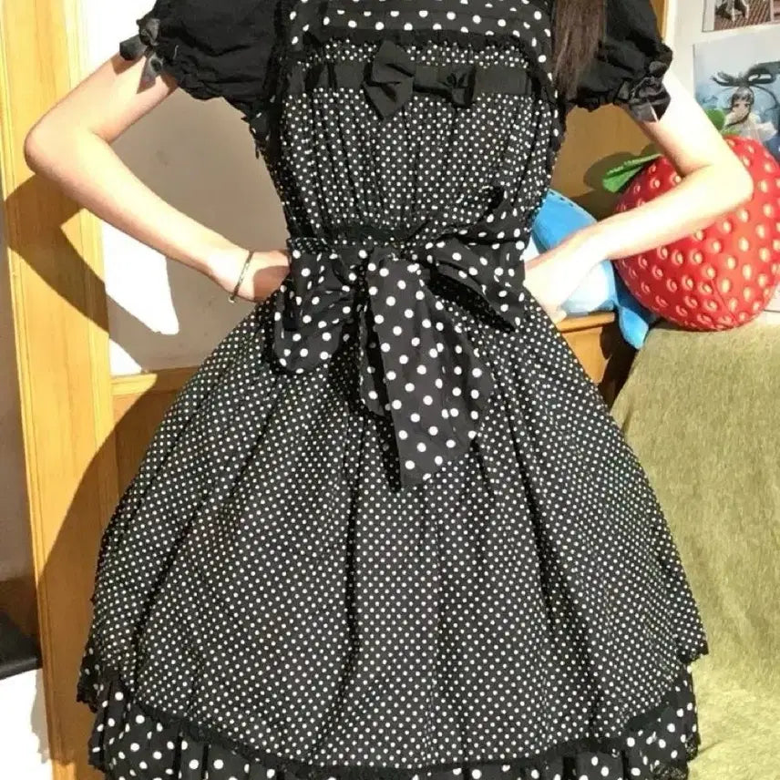 [BUNJANG] Black Dot Lace Lolita Dress Set / 블랙 도트 레이스 Lolita 로리타 상의+원피스 세트