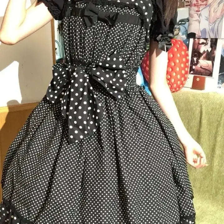[BUNJANG] Black Dot Lace Lolita Dress Set / 블랙 도트 레이스 Lolita 로리타 상의+원피스 세트