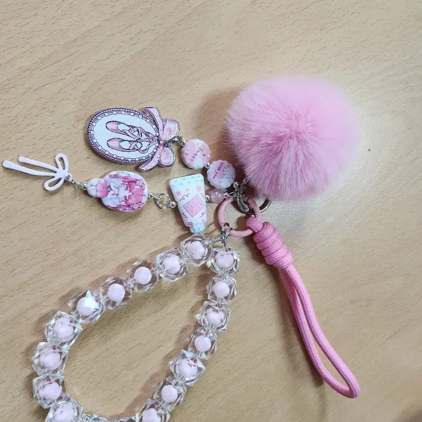 [BUNJANG] Pink Pom-Pom Ballet Toeshoes Bead Phone Strap (Handmade) / 핑크 폼폼이 도라 키링 발레 토슈즈 비즈 폰줄(핸드메이드)