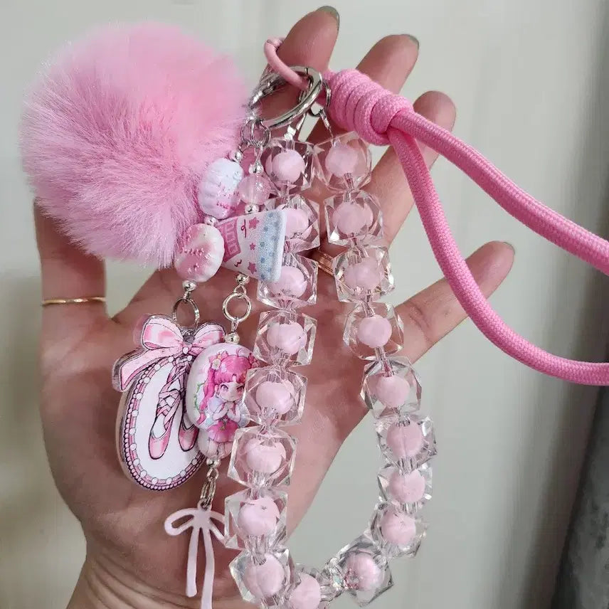 [BUNJANG] Pink Pom-Pom Ballet Toeshoes Bead Phone Strap (Handmade) / 핑크 폼폼이 도라 키링 발레 토슈즈 비즈 폰줄(핸드메이드)