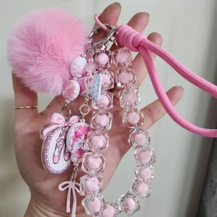 [BUNJANG] Pink Pom-Pom Ballet Toeshoes Bead Phone Strap (Handmade) / 핑크 폼폼이 도라 키링 발레 토슈즈 비즈 폰줄(핸드메이드)
