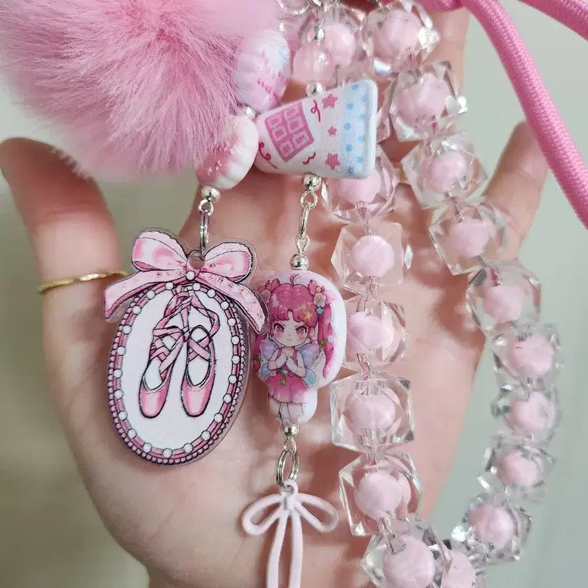 [BUNJANG] Pink Pom-Pom Ballet Toeshoes Bead Phone Strap (Handmade) / 핑크 폼폼이 도라 키링 발레 토슈즈 비즈 폰줄(핸드메이드)