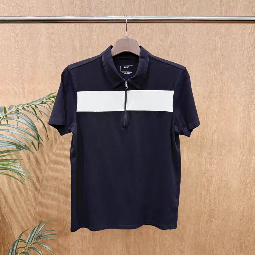 [BUNJANG] Donna Karan Half Zip PK Short Sleeve Shirt / 도나카란 하프 집업 PK 반팔 지퍼 디테일 화이트 가로 배색