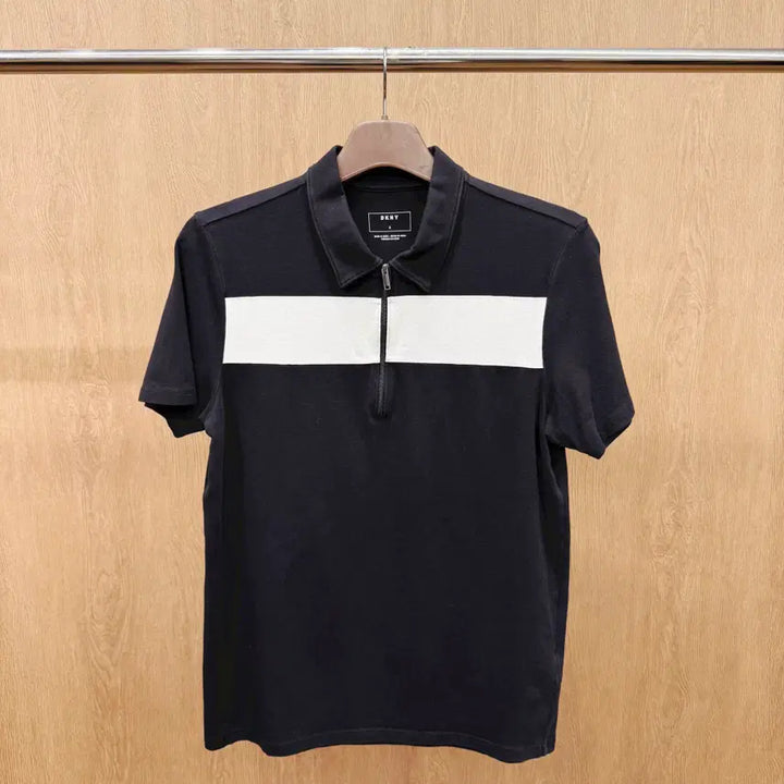 [BUNJANG] Donna Karan Half Zip PK Short Sleeve Shirt / 도나카란 하프 집업 PK 반팔 지퍼 디테일 화이트 가로 배색