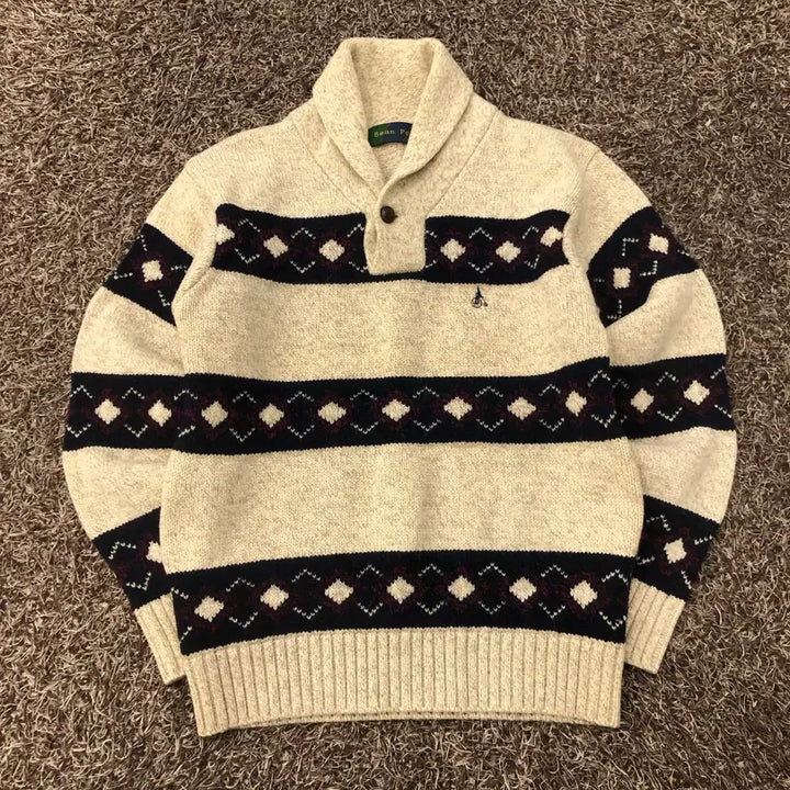 [BUNJANG] Beanpole Wool Shawl Collar Pattern Knit Sweater / 90 빈폴 울 숄카라 패턴 니트